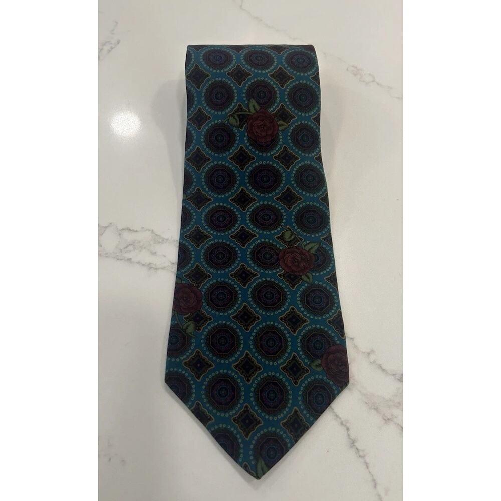 Vtg 1990s Tango by Max Raab Mens Silk Tie 3.75” Muted Turquoise Abstract Roses - Picture 4 of 8